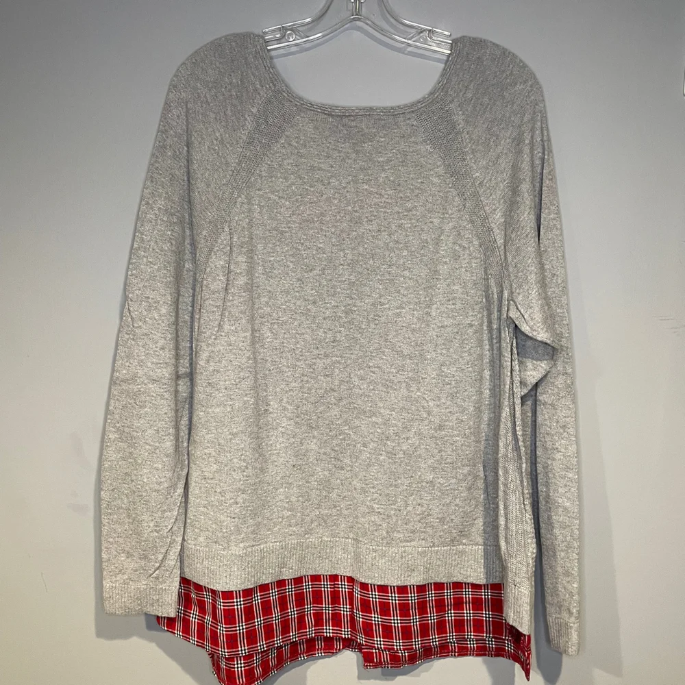 Christopher & Banks Grey Sweater Red plaid Holiday 100% Cotton Stretch Size XL